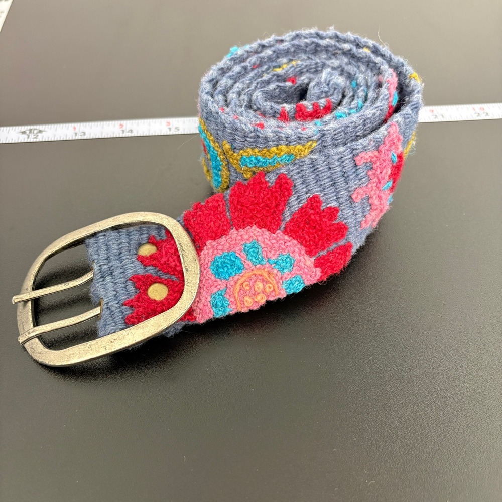 Jenny Krauss Womens Wool Belt Size M Blue Floral Embroidered Hand Woven Peru
